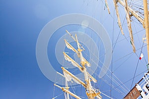 THE TALL SHIPS RACES KOTKA 2017. Kotka, Finland 16.07.2017. Masts of ship Mir in the sunlight in the port of Kotka, Finland.