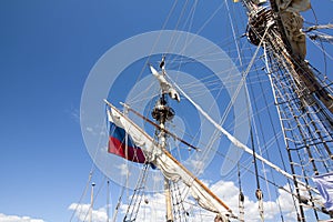 THE TALL SHIPS RACES KOTKA 2017. Kotka, Finland 16.07.2017. Masts of ship Shtandart in the sunlight in the port of Kotka, Finland.