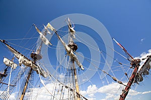 THE TALL SHIPS RACES KOTKA 2017. Kotka, Finland 16.07.2017. Masts of ship Shtandart in the sunlight in the port of Kotka, Finland.