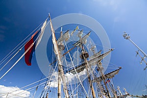 THE TALL SHIPS RACES KOTKA 2017. Kotka, Finland 16.07.2017. Masts of ship Shtandart in the sunlight in the port of Kotka, Finland.