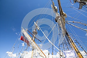 THE TALL SHIPS RACES KOTKA 2017. Kotka, Finland 16.07.2017. Masts of ship Shtandart in the sunlight in the port of Kotka, Finland.