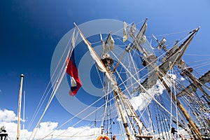 THE TALL SHIPS RACES KOTKA 2017. Kotka, Finland 16.07.2017. Masts of ship Shtandart in the sunlight in the port of Kotka, Finland.