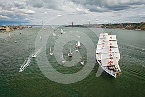 Tall ships sailing in Tagus river. Lisbon, Portugal