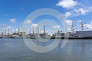The tall ships Tenacious, Shabab Oman II, Mircea and ARM CuauhtÃ©moc during Sail on Scheveningen