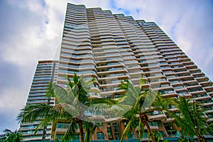 Tall skyscrapers, walkways and beautiful palm trees. Palm trees planted along the road, the tropics