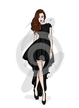 A tall, slender girl in a beautiful evening dress. Fashion & Style. Vector illustration.