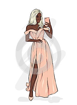 A tall, slender girl in a beautiful evening dress. Fashion & Style. Vector illustration