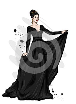 A tall, slender girl in a beautiful evening dress. Fashion & Style. Vector illustration.