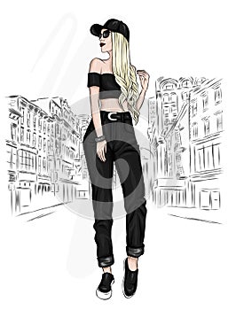 A tall slender girl with long hair in pants, top and cap. Stylish model. Fashionable look. Vector illustration for a postcard.