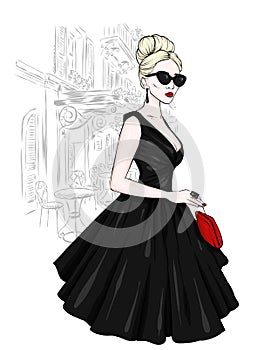 A tall, slender girl in a midi skirt, a blouse, high-heeled shoes and a clutch. Vector illustration. Clothing and accessories.