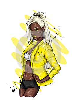 A tall slender girl in short shorts, a jacket. Beautiful model in stylish clothes. Vector illustration for a postcard or a poster.