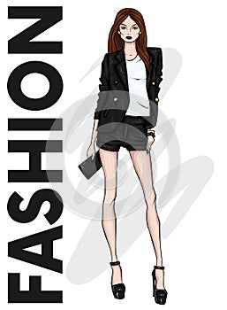 A tall slender girl in shorts, a jacket and high-heeled shoes. Long-legged model. Fashion, style, clothing and accessories. Vector