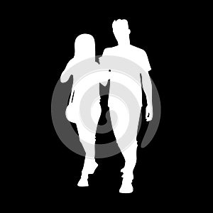 Tall sporty man and woman taking a walk together. White silhouette isolated on black background. Front view. Monochrome