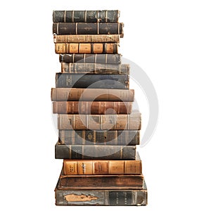 Tall stack of antique books forming a tower of knowledge