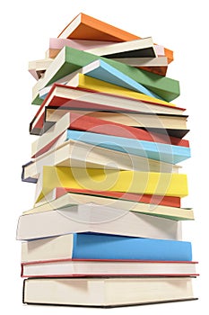 Tall stack of books, vertical, isolated white background