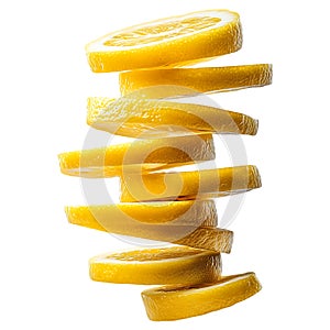 A tall stack of bright yellow lemon slices artfully arranged isolated on white background