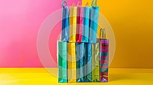 A tall stack of brightly colored Hanukkah gift bags perfect for holding generous gifts for loved ones
