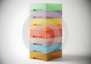 Stack of colorful plastic storage boxes isolated on white background
