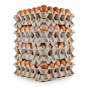 Tall stack of brown eggs in cardboard cartons