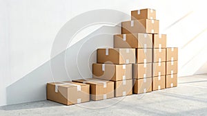 Tall stack of cardboard moving boxes against a white wall