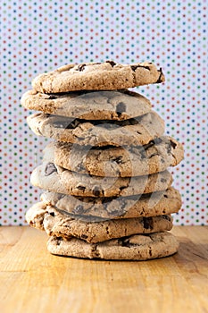 Tall stack of chocolate chip cookies