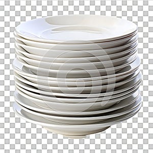 Stack of clean white ceramic dinner plates isolated on transparent background dinnerware