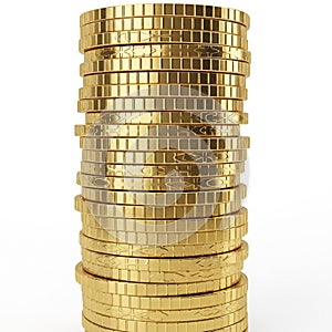 Stack of Gold Coins with Intricate Edge Detailing on White Background money wealth