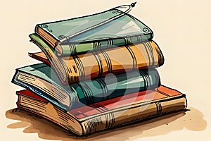 Tall stack of old books, watercolor hand drawn illustration isolated on white background. Generative AI