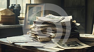 A tall stack of old newspapers is resting on a wooden table