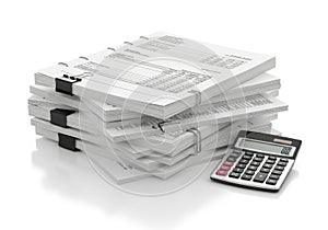 Stack of documents and calculator on white background