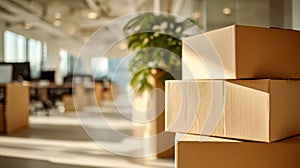 Moving boxes stacked in a bright modern office space with natural light and blurred background of desks and plants during