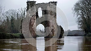 A tall stone structure slowly disappearing into murky floodwater at its base hinting at its former grandeur and photo