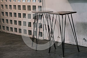 Tall table - Wooden table steel legs simplistic, tall bar stools in stylish kitchen with wooden cupboards.