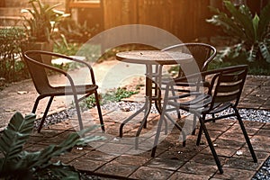 Tall table - Wooden table steel legs simplistic, tall bar stools in stylish kitchen with wooden cupboards.