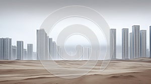 Tall and thin skyscrapers that all look the same. Construction project in the middle of a desert, dull and dusty. Generative AI