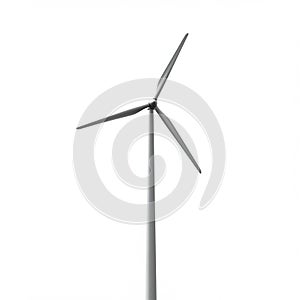 A tall, three-bladed wind turbine stands against a plain white background. The turbine photo