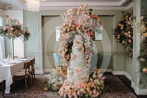 tall tiered cake covered in delicate pastel flowers and greenery