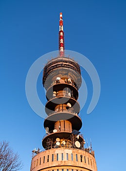 Tall transmitter tower on the mountain of Sljeme in Zagreb, Croatia