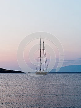 Tall Two Masted yacht at Dawn, Gulf of Corinth, Greece