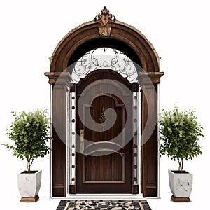 tall vintage brown wooden door with a marble stone archway isolated on a white background.