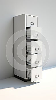 A tall white filing cabinet with five drawers