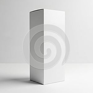 Tall White Rectangular Cardboard Box Standing Upright on a White Surface with Soft Shadows