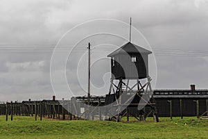 Tall wooden watchtower in Auschwitz concentration camp, Poland.