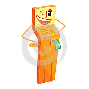 Tall yellow cartoon ATM cash refill laughing