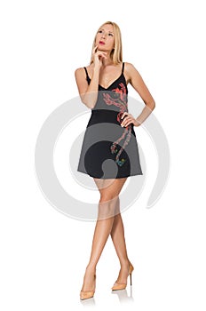 The tall young woman in black dress isolated on