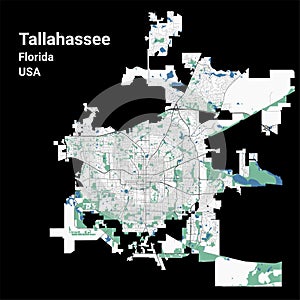 Tallahassee map, capital city of the USA state of Florida. Municipal administrative area map with rivers and roads, parks and