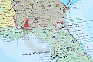 Tallahassee pinned on a map of USA photo