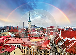 Tallin Aerial View of Old Town from Toompea Hill with rainbow, E