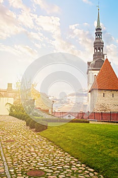 Tallin, Estonia. Cityscape aerial view on the old town with saint Nicholas church tower and Toompea hill