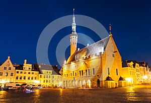 Tallinn central Town Hall Square by night (Raekoja plats)